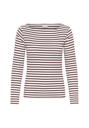 Chemise blanche à manches longues avec des rayures horizontales rouge foncé et un col rond, présentée sur un fond blanc.