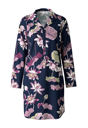 Marineblaues Kleid mit langen Ärmeln, das ein florales Muster in rosa und grünen Farbtönen aufweist. Knopfleiste und Kragen-Details. Glatte Stoffoberfläche.