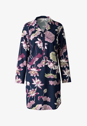 Abito blu navy con maniche lunghe, caratterizzato da un motivo floreale nelle tonalità di rosa e verde. Dettaglio con bottoni e colletto. Tessuto dalla texture liscia.