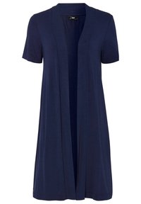 Cárdigan de manga corta azul marino, hecho de una tela suave, diseño de abertura frontal, tiene un ajuste relajado, llega a la mitad del muslo, sin cierres ni adornos.