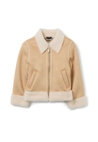 Veste en faux suédine beige avec un col et des poignets en fausse fourrure crème, dotée d'une fermeture éclair à l'avant et de deux poches latérales. Design court.