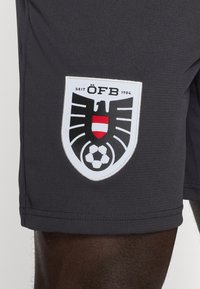 Γκρι αθλητικά σορτς με ένα κυκλικό, κεντητό σήμα που απεικονίζει έναν μαύρο αετό και σχέδιο ποδοσφαίρου, διακοσμημένο με κόκκινες και λευκές λεπτομέρειες.