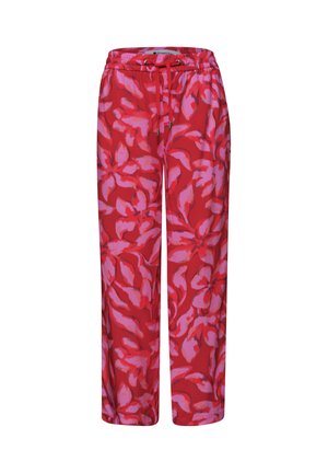 Červené volné kalhoty s elastickým pasem a stahovací šňůrkou, s velkým fialovým květinovým vzorem.