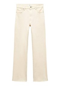 Jeans beige a gamba dritta in cotone; presentano tasche frontali, chiusura a bottoni e cuciture sottili. Tagliati alla caviglia con orlo sfilacciato.