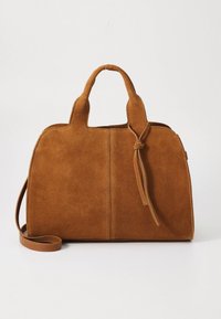 Brown suede handbag with dual short handles, flat bottom, and detachable shoulder strap. Features a knot detail and a smooth texture.