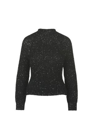 Pulover negru tricotat cu un guler înalt, mâneci lungi și o textură cu côrnuri. Prezintă stropi subtili de argint pe întreaga țesătură.