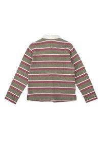 Camisa polo de manga larga en verde oliva, con rayas horizontales en burdeos y blanco, un cuello blanco y un pequeño logo en la parte posterior.