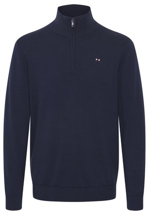 Maglione navy a metà zip con maniche lunghe, realizzato in tessuto morbido. Presenta un piccolo logo multicolore sul lato sinistro del petto.