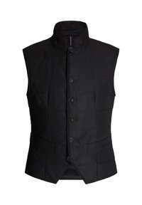 Czarna kamizelka z wysokim kołnierzem, zapinana na guziki z przodu, z bocznymi kieszeniami. Posiada pikowany design i gładką, teksturowaną powierzchnię materiału.