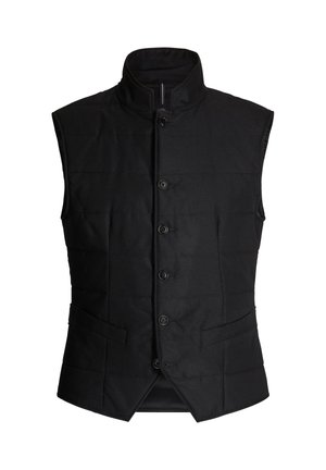 Zwarte bodywarmer met een hoge kraag, knoopsluiting aan de voorkant en zakken aan de zijkant. Heeft een gewatteerd ontwerp en een gladde, gestructureerde stoffen oppervlak.