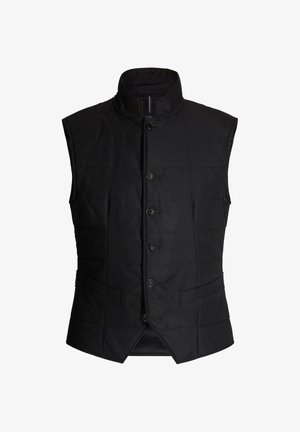 Zwarte bodywarmer met een hoge kraag, knoopsluiting aan de voorkant en zakken aan de zijkant. Heeft een gewatteerd ontwerp en een gladde, gestructureerde stoffen oppervlak.