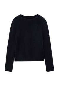 Schwarzer Strickpullover mit rundem Halsausschnitt, langen Ärmeln und kurzen Design. Texturiertes Material, glatte Oberfläche, keine sichtbaren Muster oder Beschläge.