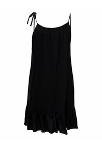 Vestido negro sin mangas con tirantes ajustables, escote fruncido y dobladillo con volantes. Fabricado con una tela ligera para mayor comodidad.