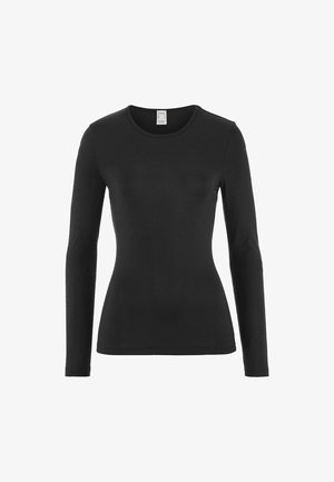 Schwarzes, langärmeliges, tailliertes Damen-Shirt mit Rundhalsausschnitt, glattem Stoff und ohne sichtbare Muster oder Logos.