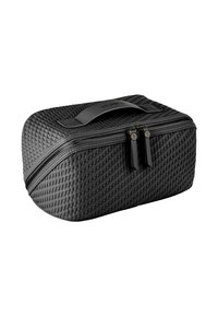 Czarna prostokątna torba podróżna o teksturowanym, plecionym wzorze, z podwójnym zamkiem błyskawicznym i solidnym uchwytem na górze.