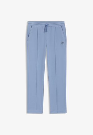 Pantalon décontracté bleu clair avec taille élastique, cordon de serrage, poches latérales et logo "BOSS" sur le haut de la cuisse.