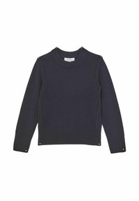 Maglione lavorato a maglia blu navy con scollatura rotonda, polsini e orlo a costine, e cuciture decorative laterali con accenti metallici.