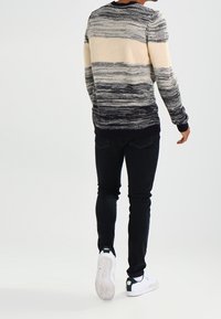 Gestreepte trui in crème, marineblauw en grijs. Slim-fit zwarte jeans en witte sneakers met groene accenten. Achteraanzicht.