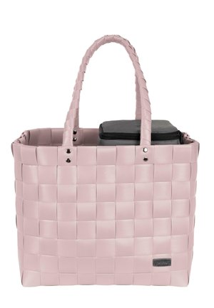 Pink woven tote bag with dual handles, featuring a solid base, two silver accents, and a removable black storage pouch inside.
