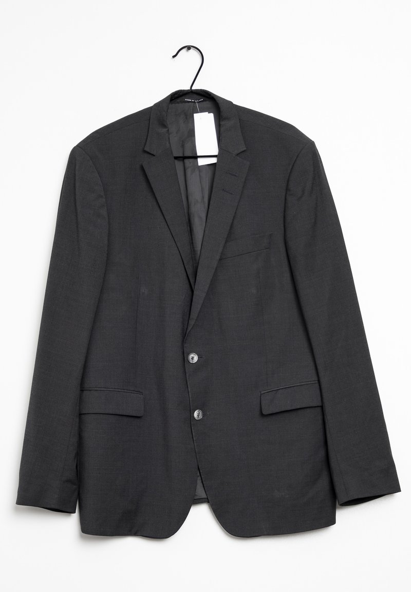Dark gray men's formal blazer with notch lapels, two-button closure, welt chest pocket, flap side pockets, hanging on black hanger with a tag.