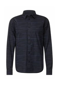 Dlouhý rukáv, košile tmavě námořnické barvy s vertikálním pruhovaným vzorem, s límečkem na knoflíky a předním zapínáním na knoflíky. Hladký povrch tkaniny a zakřivený lem.