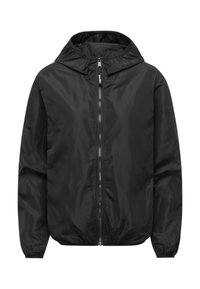 Black lightweight hooded jacket with front zipper and elastic cuffs, displayed against a white background.