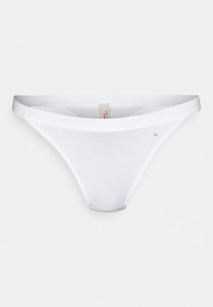 Biele bavlnené tangá s hladkou textúrou, s tenkými bočnými popruhmi a minimalistickým dizajnom. Obsahuje malý akcent s logom.