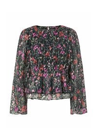 Svart blomstret bluse med lange ermer, et plissert livstykke og en volangkant. Trykt med rosa og lilla blomster på gjennomsiktig stoff.