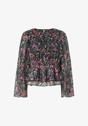 Blusa nera a fiori con maniche lunghe, corpetto plissettato e orlo arricciato. Stampata con fiori rosa e viola su tessuto trasparente.