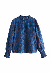 Blusa blu a fantasia con maniche lunghe, dotata di polsini arricciati, scollatura a volant e un design floreale nei toni del marrone e dell'arancione.