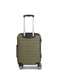 Valigia rigida di colore verde oliva, con un'esterno testurizzato, manico metallico estensibile e quattro ruote multidirezionali per la mobilità.