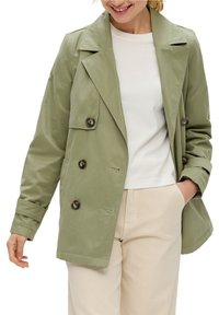 Olive green, double-breasted jacket with large buttons, notched lapels, and long sleeves. Lightweight fabric with a smooth texture.