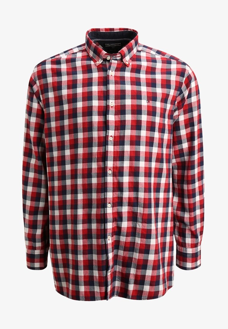 Chemise à manches longues boutonnée, à motif à carreaux rouge, blanc et bleu marine, avec col boutonné.