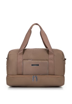 Braune Stoff-Duﬀel-Tasche mit zwei Griffen, einer vorderen Reißverschlusstasche und doppelten Seitenreißverschlüssen. Strukturierte Oberfläche mit verstärkten Nähte-Details.