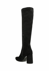 Zwarte suede over de knie laarzen met een rits aan de zijkant, een hexagonaal blokhak en een gladdere textuur. Elegante silhouet.