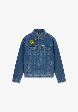 Blaue Denimjacke mit Knopfleiste vorne, zwei Brusttaschen, Seitentaschen und gelbem rundem BVB 09-Logo auf der linken Brust.