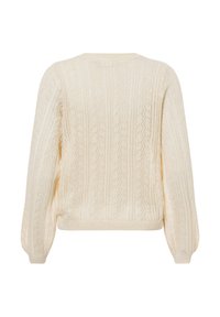 Ecrufarbenes Strickpullover mit strukturiertem Lochmuster, runder Ausschnitt und Ballonärmeln, ausgestattet mit gerippten Bündchen und Saum.