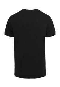 Schwarzes kurzärmeliges T-Shirt aus Baumwolle. Rundhalsausschnitt, glatte Textur und gerader Saum ohne sichtbare Grafiken oder Verzierungen.