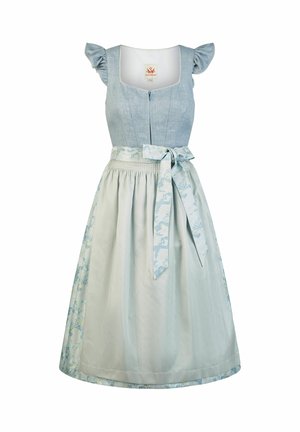 Lichtblauwe traditionele jurk met nauwsluitend lijfje, gerimpelde kapmouwtjes en een schort met bloemenpatroon, gestrikt in de taille.