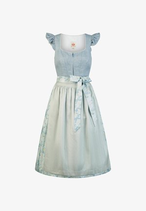 Lichtblauwe traditionele jurk met nauwsluitend lijfje, gerimpelde kapmouwtjes en een schort met bloemenpatroon, gestrikt in de taille.