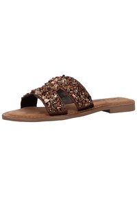 Brown slide sandals featuring a beaded upper with various earth-tone stones and a soft, flat sole for comfort. Open-toe design with two straps.