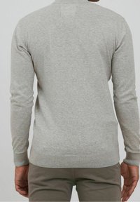 Lichtgrijze trui met lange mouwen en een ronde halslijn, ribbelmanchetten en -zoom, gemaakt van een glad gebreid materiaal. Achteraanzicht getoond.