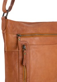Brown leather crossbody bag with a front zip pocket, smooth texture, and accented hardware. Features a sturdy strap and detailed stitching.