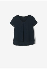 Granatowa bluzka krótki rękaw z dekoltem w serek i plisowanym przodem. Posiada warstwowy dół oraz lekką, gładką tkaninę.