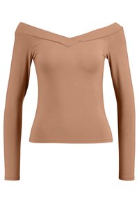 Långärmad, off-the-shoulder topp i ljusbrun, tillverkad av mjukt material. Har en V-formad halsringning och en åtsittande design. Slät textur.