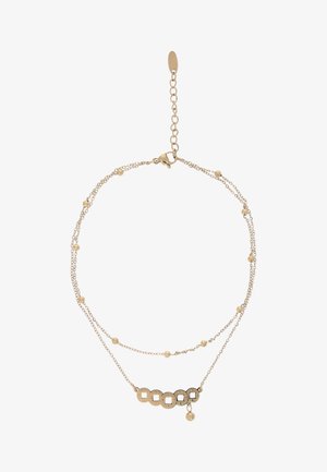 Delicate gouden dubbele ketting met kleine ronde kralen en zes verbonden ronde hangers met vierkante uitsparingen, voorzien van een karabijnslot.