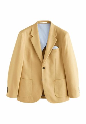 Beiger Herrenblazer mit Kerbkragen, zwei aufgesetzten Fronttaschen, Zwei-Knopf-Verschluss und hellblau gestreiftem Innenfutter mit Einstecktuch in der Brusttasche.