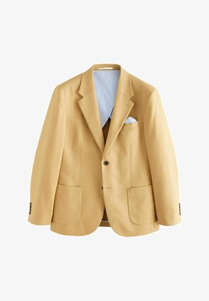 Beige herenblazer met inkeping op de revers, twee opgestikte voorzakken, dubbele knoopsluiting en lichtblauwe gestreepte voering met pochet in de borstzak.