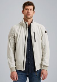 Light gray bomber jacket with a high collar, zippered front, and black accent pockets. Features elastic cuffs and side detailing, textured fabric.
