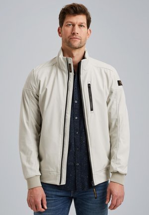 Light gray bomber jacket with a high collar, zippered front, and black accent pockets. Features elastic cuffs and side detailing, textured fabric.
